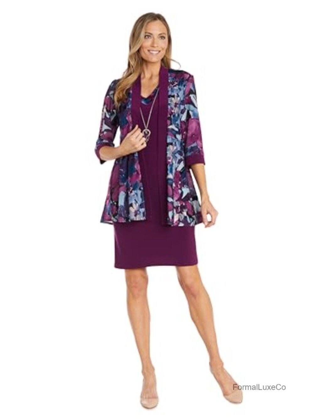 2-Piece Burnout Velvet Floral Jacket Sheath Dress with Necklace